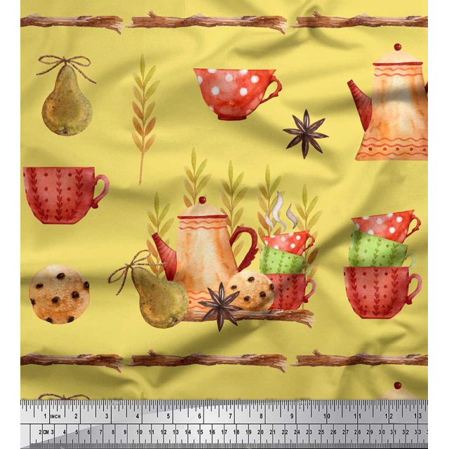 Soimoi Yellow polyester Crepe Fabric Kettle & Cups Kitchen Printed Fabric 1 Yard 52 Inch Wide