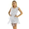 thumbnail image 3 of iEFiEL Robe Mini à Sequins Brillants à Franges pour Femmes en Faux Cuir Col en V Sans Manches Tenue de Danse Samba Argent TTG, 3 of 6