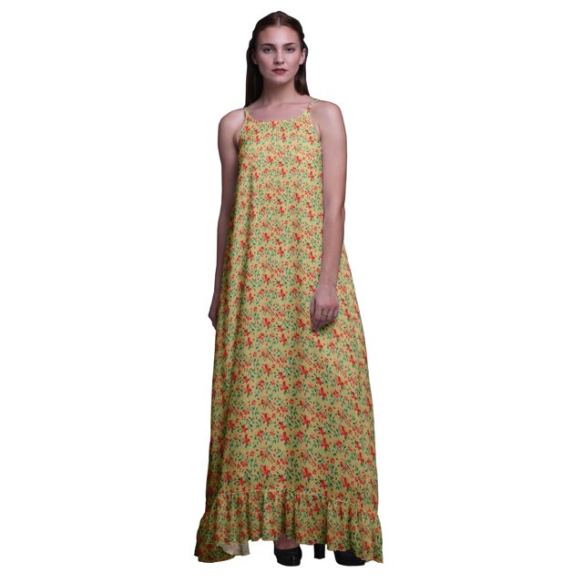 Bimba Robe de Nuit Imprimée Feuilles et Fleurs Orange Pâle3 pour Femmes Longue à Bretelles Spaghetti Robe Maxi Vêtement de Nuit Robe X-Grand