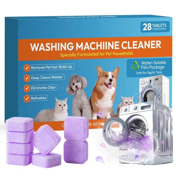 Lot de 28 Tablettes Nettoyantes pour Laveuse, pour Propriétaires d'Animaux, Nettoyant pour Laveuse Compatible avec HE, Enlève Facilement les Poils d'Animaux pour la Lessive, Laveuse à Chargement par le Haut et par l'Avant
