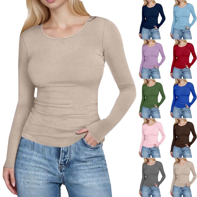 Hauts Ajustés Côtelés d'Automne - T-Shirt à Col Rond à Manches Longues Extensible, Décontracté, Basique pour Femmes
