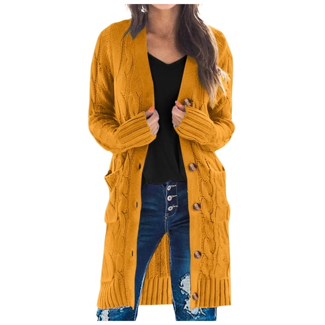 Gubotare Long Sleeve Cable Knit Long Cardigan for Women 2025 Fall Winter Chunky Open Front Button Sweaters with Pockets (Yellow,L)