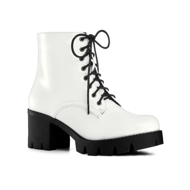 BLISSFUL STEP Bottes de Combat à Plateforme à Talons Épais pour Femmes Blanches 8