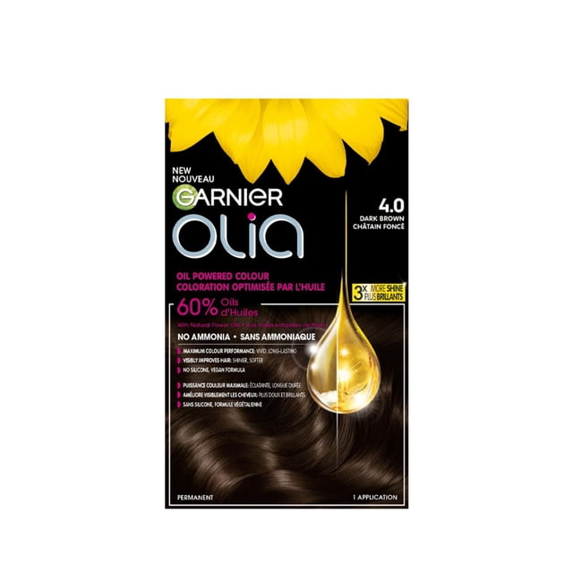 Olia Teinture Capillaire Permanente Sans Ammoniaque par Garnier en Brun Foncé 4.0, Alimentée par l'Huile avec 60 % d'Huiles Florales Naturelles pour une Couleur Vive et Durable et 3X Plus de Brillance, Sans Ammoniaque et Sans silicone, Offrant des Cheveux Doux et Brillants en une application.