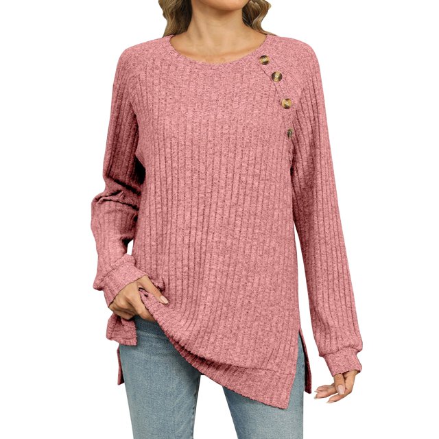 yoeyez Tunique en Tricot pour Femmes, Chandails à Manches Torsadées Patchwork, Col Ras du Cou Raglan, Chemises à Manches Longues, Hauts Mode Automne 2024, Rose, P