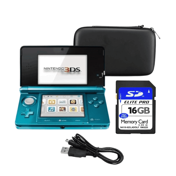 Nintendo 3DS Handheld Game Console Aqua Blue Bundle with Carrying Case & 16GB SD Card (Refurbished)