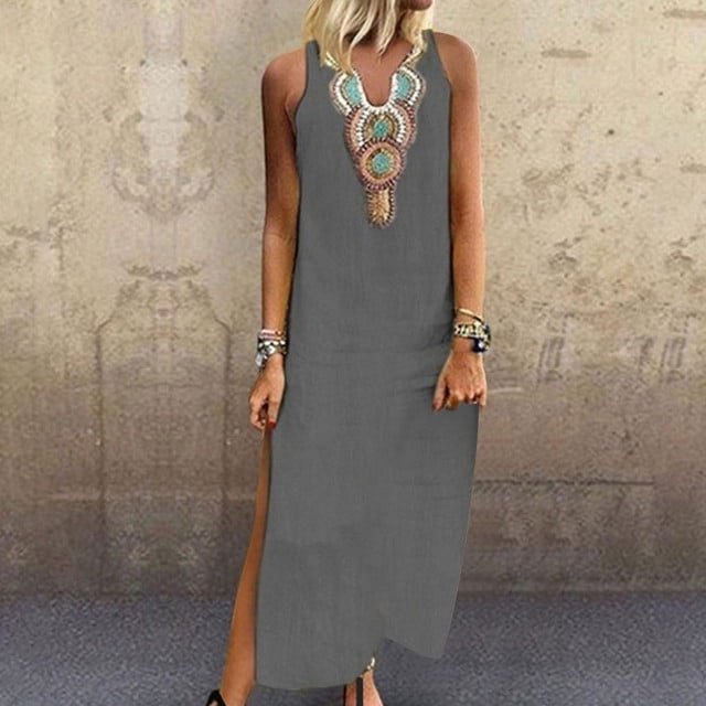 JUNWELL Robes d'Été Ajustées pour Femmes Amples Bohèmes à Broderie Florale Robe Soleil Décontractée Sans Manches en Lin Longue Robe Maxi Robe Femme