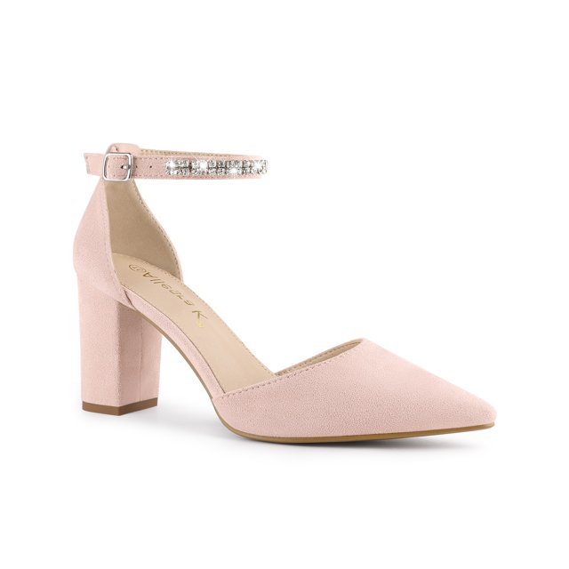 BLISSFUL STEP Women's Pointed Toe Rhinestone Ankle Strap Chunky Heels Pumps Dust Pink (Size 7.5)
