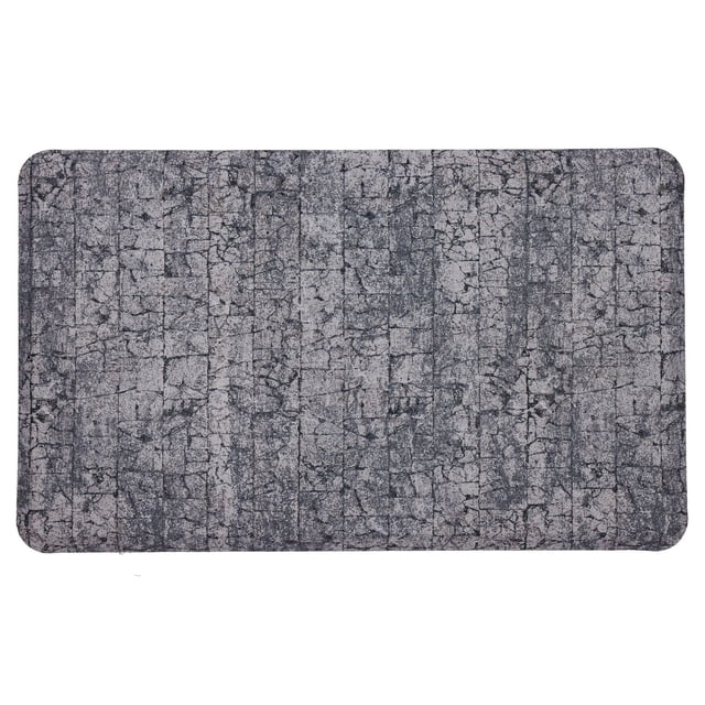 Salten Grey Polyester Kitchen Mat 18x30 with a rectangular shape and rounded corners, featuring a grey cracked stone tile pattern on stain-resistant polyester fabric, cushioned with anti-fatigue technology and skid-resistant backing, suitable for kitchen or laundry room use and easy to clean.