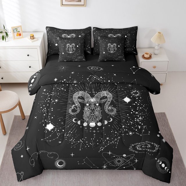 YST Psychedelic Celestial Comforter Set, 7-Piece, King Size, Astrology, Black White