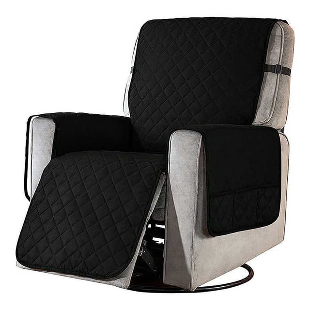 Housse Réversible pour Fauteuil Inclinable Slipcover Résistante à l'Eau avec Poches Latérales, Présentée dans un design Matelassé Noir sur un Fauteuil Inclinable Gris. Comprend des Sangles Élastiques pour un Ajustement Sécuritaire, six Poches de Rangement et un Matériau polyester Respirant. Idéale pour Protéger les Fauteuils Inclinables des Poils d'Animaux, des Déversements et de l'Usure. Protège-Fauteuil Inclinable Lavable à la Machine et Housse de Meuble pour un Entretien Facile.
