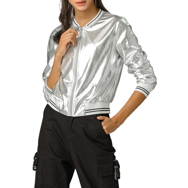 INSPIRE CHIC Blouson Bomber Court à Fermeture Éclair Métallique à Col Montant pour Femme