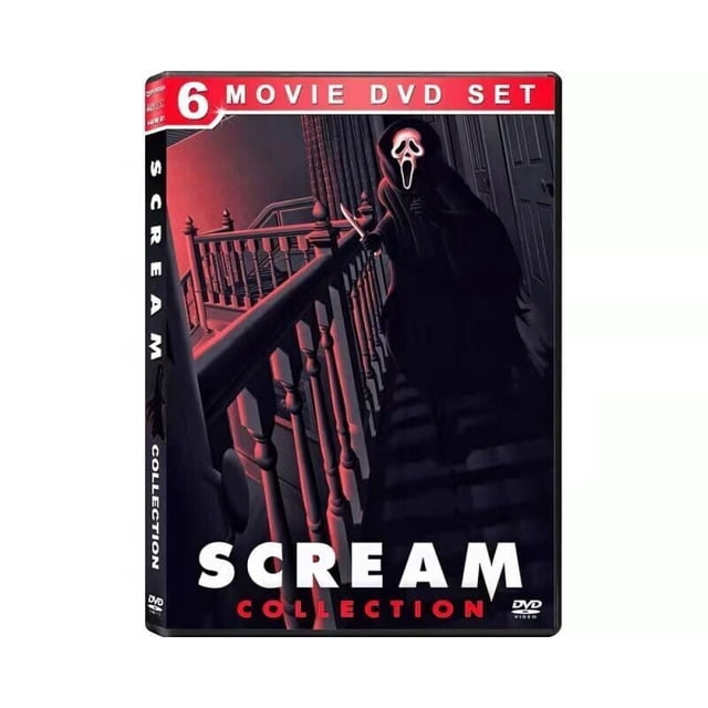 Collection Scream 1-6 Films (DVD) Présentant un design de Couverture Suspensif avec une Figurine Ombrée Tenant un Couteau sur un Escalier, Évoquant le genre slasher. Cet Ensemble de DVD de Six Films Met en Valeur la franchise d'Horreur Emblématique avec un Emballage Audacieux Rouge et Noir et un Texte Blanc pour le Titre.