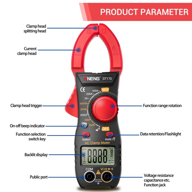 Digital Clamp Meter Multimeter 1999 Counts, Non age , Measures Current age, Capacitance, Resistance Continuity Red