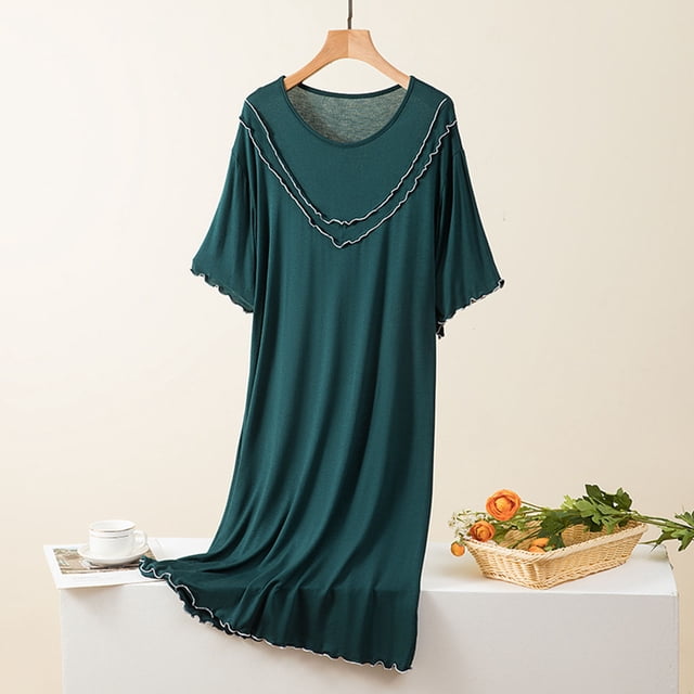 Liquidation et Promo, Jupe de Maison Grande Taille, Col Rond, Couleur Unie, Coussin de Poitrine, Coupe Ample, Confortable, Grande Taille, Tenue de Maison, Robe Décontractée Tenue Toutes Saisons/coton, Vert, Sopatenor