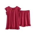 thumbnail image 1 of AherBiu Ensembles de Pyjama Grande Taille pour Femmes 2 Pcs Col Ras du Cou Manches Courtes à Revers Hauts à Volants avec Shorts de Pyjama Vêtements d'Intérieur Vêtements de Nuit, 1 of 7