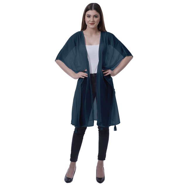Moomaya Womens Georgette Shrug Open Front Long Sheer Coverup w/ Tassels