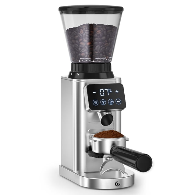 Sunmaki Burr Coffee Grinder, Electric Coffee Bean Grinder for Home Use with Precise Grinding. Features a durable 40mm stainless steel conical burr for uniform grinding and optimal flavor extraction. Includes a digital LED touch display for customizable settings, allowing grinding by cups, time, or espresso doses. Offers 24 grinding settings for coarse to fine coffee, suitable for espresso, drip, or French press. Designed with a portafilter holder and a 100g stainless steel cup for convenience. Compact design with dimensions of 7.4 inches by 5.1 inches by 13.4 inches, and a capacity of 300 grams.