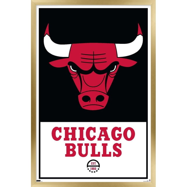 NBA Chicago Bulls - Logo 21 Wall Poster, 22.375" x 34" framed, displaying a centered red bull head logo with white horns on black above red 'CHICAGO BULLS' text and a small 'EST. 1966' emblem on white, suitable for home or office wall décor.