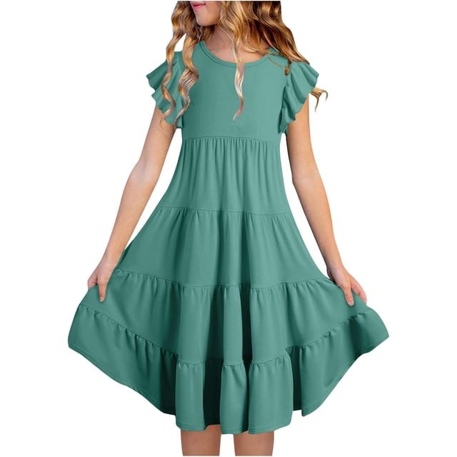 Robe Fille Manches Volantées Robes d'Été Ligne A à Volants Évasée Robe Verte Robe de Fête pour Filles