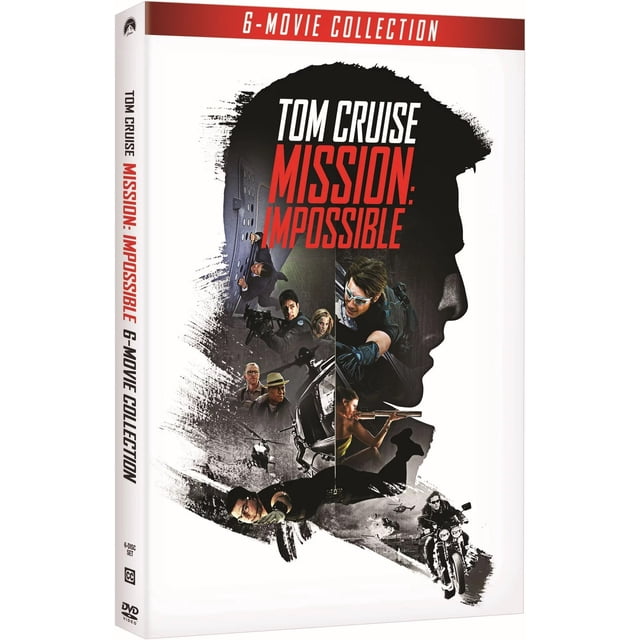 Mission: Impossible 6 Movie Collection (DVD), a six-disc DVD movie collection featuring action-packed scenes and a bold cover design with a character silhouette. Produced by Paramount and formatted for Region 1 DVD players.