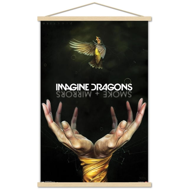 Imagine Dragons - Smoke Wall Poster, 22.375" x 34" framed wall art showing two realistic hands wrapped in golden fabric reaching upward beneath a flying bird with spread wings on a dark background, featuring the band name Imagine Dragons and album title Smoke + Mirrors in white text, suitable for bedroom or office décor.