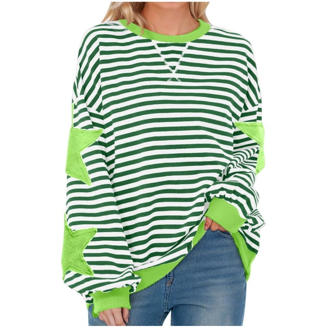 Swstbby Liquidation d'Économies d'Automne! Hauts d'Automne pour Femmes Grande Taille, Blouse Mode pour Femme à Col Rond à Rayures Imprimées Ample à Manches Longues Blouses Chandails Vert m