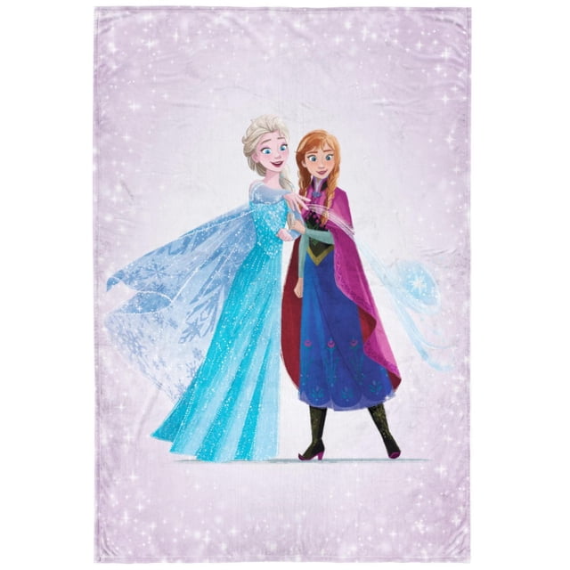 Frozen 'Winter Frost Adventures' Kids Twin Silk Touch Blanket featuring Elsa in a blue gown and Anna in a purple dress with a magenta cape on a light purple background with snowflake sparkles, made of soft 100% polyester, perfect for kids' bedding and cozy lounging.