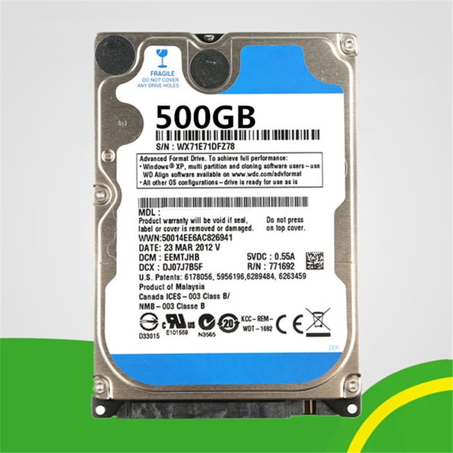 Disque Dur PC HDD 5400rpm Cache SATA Disque Dur pour portable de 2,5 Pouces avec Capacité de Stockage de 500 Go. Comprend un Cache de 8 Mo et une interface SATA pour Cahiers. Conception Compacte avec Boîtier Métallique durable, Idéal pour Améliorer le Stockage de l'Ordinateur portable Ou Créer une solution de Sauvegarde portable. Vue Frontale avec Étiquette de Produit visible.