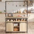 thumbnail image 2 of Wooden Kitchen Island with Power Outlet, Coffee Bar Table with Sliding Barn Door and Open Shelf, Rustic Cabinet Storage with 9 Hooks for Kitchen and Dining Room, 2 of 8