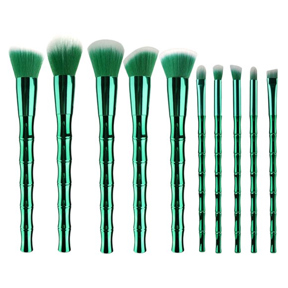 BEADCEST 10Pcs Bamboo Design Makeup Brush Kit for Face Makeup Brushes with Green Plastic Handle and Aluminum Tube