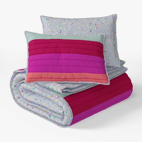 Mainstays Kids Reversible Pink Stripe Stitch Quilt Set, 3 Pieces, Full/Queen