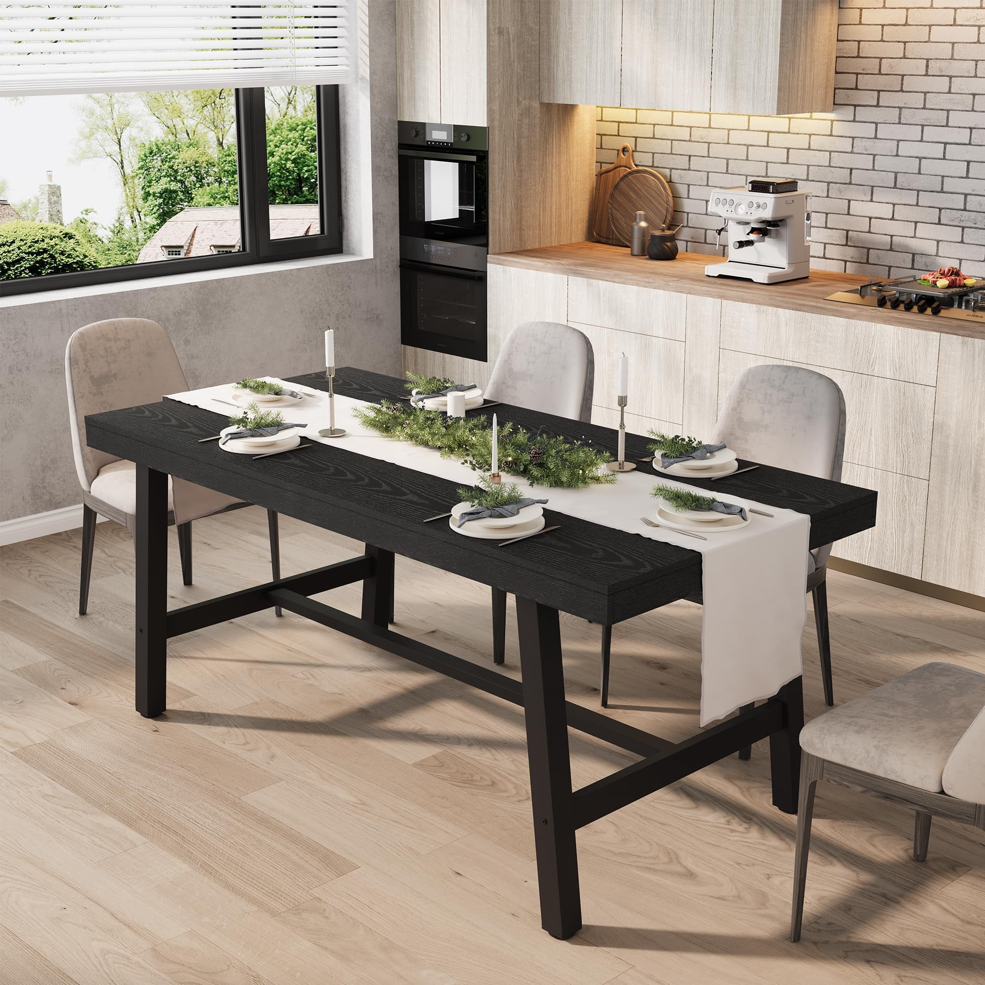 63 in Rectangle Dining Table for 4-6 People, Industrial Wood Kitchen Table with Iron Frame, Rustic Dining Room Furniture for Apartment Home