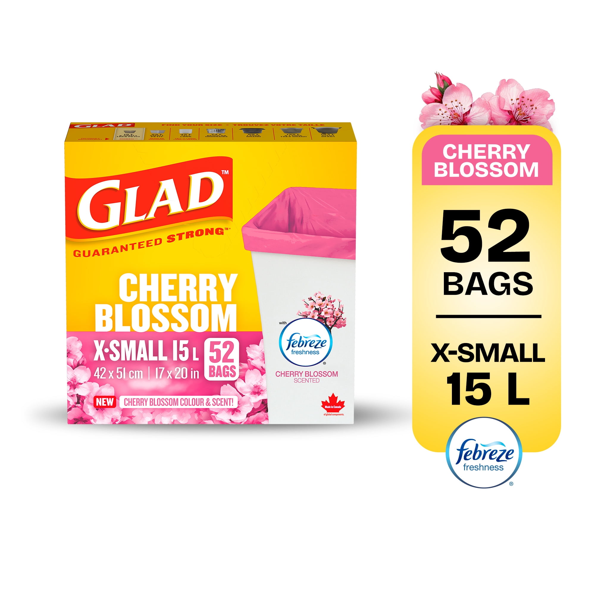 Glad Cherry Blossom colour and scent Garbage Bags - X-Small 15 Litres - Febreze Freshness, 52 Trash Bags