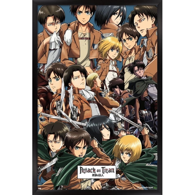 Attack on Titan - Affiche Murale Collage, 22,375 Po x 34 Po Représentant Plusieurs Personnages d'Anime de la Série Portant des Vestes de Survey Corps Brunes, des Chemises Blanches et des Capes Vertes, Posés avec des Épées dans des stances d'Action Dynamiques sur un Fond Bleu Foncé, avec le logo Attack on Titan au Centre Inférieur.