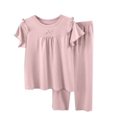 FFENYAN Girls Short Sleeve Pajama Set - Princess Ruffles Trim Lightweight Cotton Sleepwear for Ages 2-16 - Perfect for Spring Summer Home and Sleepovers
