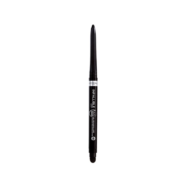 L'Oreal Paris Infallible Grip 36H Gel Mechanical Liner in black, a retractable gel eyeliner pencil with a smooth tip and built-in smudger sponge, offering waterproof, longwear eye makeup lasting up to 36 hours, shown upright on a white background.