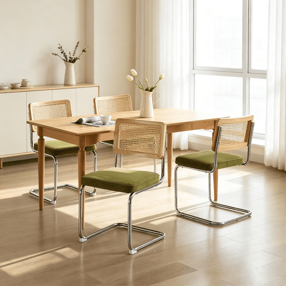Set of 4 Mid Century Cantilever Dining Chairs, Velvet Rattan Cane Back Kitchen Chairs with Chrome Steel Frame Breuer Style Accent Side Chairs