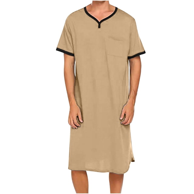 Chemise de Nuit Texturée en Coton pour Hommes, Robe de Nuit à Manches Courtes, Longue Robe, Blouse à Col en V, Haut de Pyjama, Coupe Ample et Décontractée, Confort, Chemise de Nuit Décontractée avec Poches
