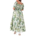 thumbnail image 3 of GRACE & GRANDEUR Robe Maxi Bohème à Fleurs pour Femme Grande Taille, Manches Courtes, Encolure Carrée, Smockée, 1X Vert, 3 of 5