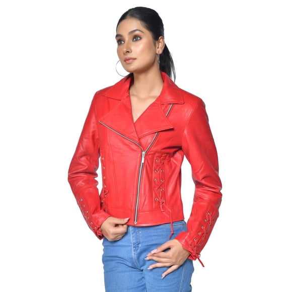 Veste en Cuir Véritable Peau d'Agneau à Point de Croix