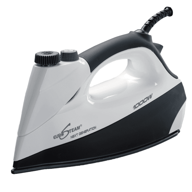 Eurosteam® Next Generation Iron with 1000W power, featuring a ceramic-coated non-stick sole plate and a compact design. This steam iron offers fast heat-up and powerful bursts of steam, suitable for all fabrics including denim, silk, and velvet. Designed for home use, it requires no settings and can be used vertically or horizontally for versatile ironing and steaming. The elongated tip allows precision ironing around buttons and seams.