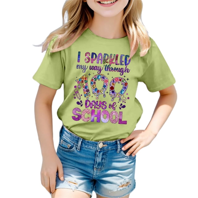 LUOGENLI T-Shirt pour Filles Enfants Mode Décontractée Imprimé Col Rond Ample Manches Courtes T-Shirt Haut Maxi Hauts Ensembles Filles Tenue 2 Pcs Boho Vert 12-13 Ans