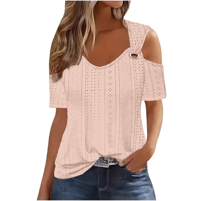 Timegard Womens Plus Size Tops Eyelet V-Neck Short Sleeve Cold Shoulder Summer Dressy Casual Tunic Tops