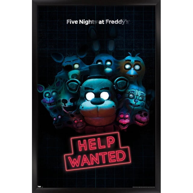 Five Nights at Freddy's - Affiche Murale « Help Wanted », 22,375 Po x 34 Po, Impression Lustrée Montrant des Personnages Animatroniques aux Yeux Blancs Lumineux Regroupés sur un Fond à Grille Sombre, Centrée sur un Ours Bleu avec un Haut-de-Forme et un Panneau « Help Wanted » Néon Rouge en Dessous, Convient à la Déco de Salle de Jeux Ou de Fête.
