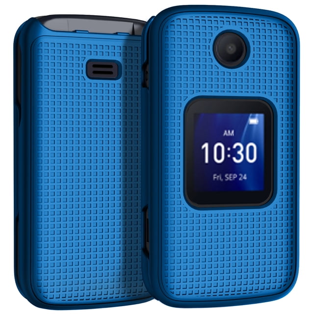 Case for Alcatel Go Flip 4 / TCL Flip Pro Phone by Nakedcellphone in cobalt blue with a grid texture. The slim hard shell protector features a matte finish, enhanced grip, and precise cutouts for buttons, ports, and the camera. Designed for compatibility with various models, including T-Mobile Alcatel Go Flip 4, Sprint TCL Flip Go, and Verizon TCL Flip Pro. The case provides impact protection, resists fingerprints, and allows the phone to flip open and closed seamlessly.