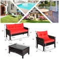 thumbnail image 2 of Patiojoy Ensemble de Conversation de Patio 4 Pcs en Rotin Osier Causeuse Canapé Table Basse et Dessus en Verre Coussins Rouges, 2 of 8