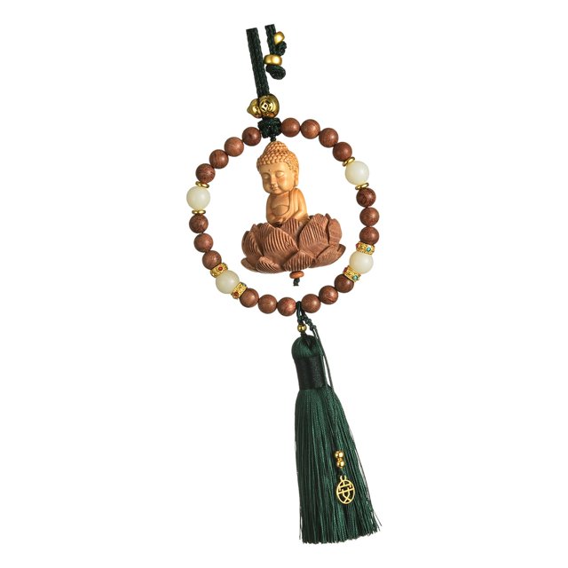 Almencla Buddha Statue Car Rearview Mirror Charm Pendant with Tassel Feng Shui Decor Green Spacer Beads