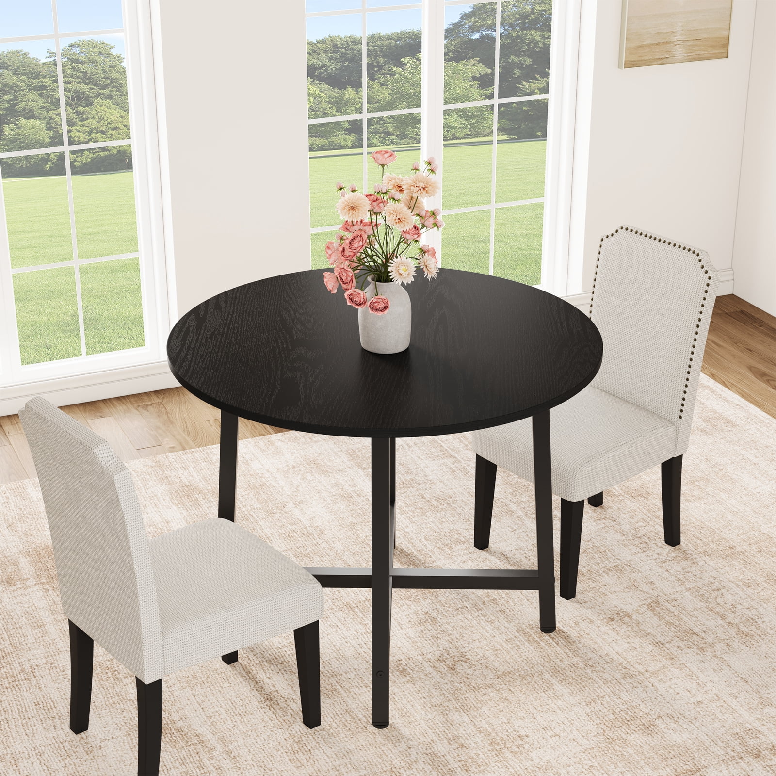 31.5" Round Dining Table for 4-6, Kitchen Dining Room Table with Sturdy Metal Frame, Wood Circle Kitchen Table for Space Saving - Black (No Chairs)