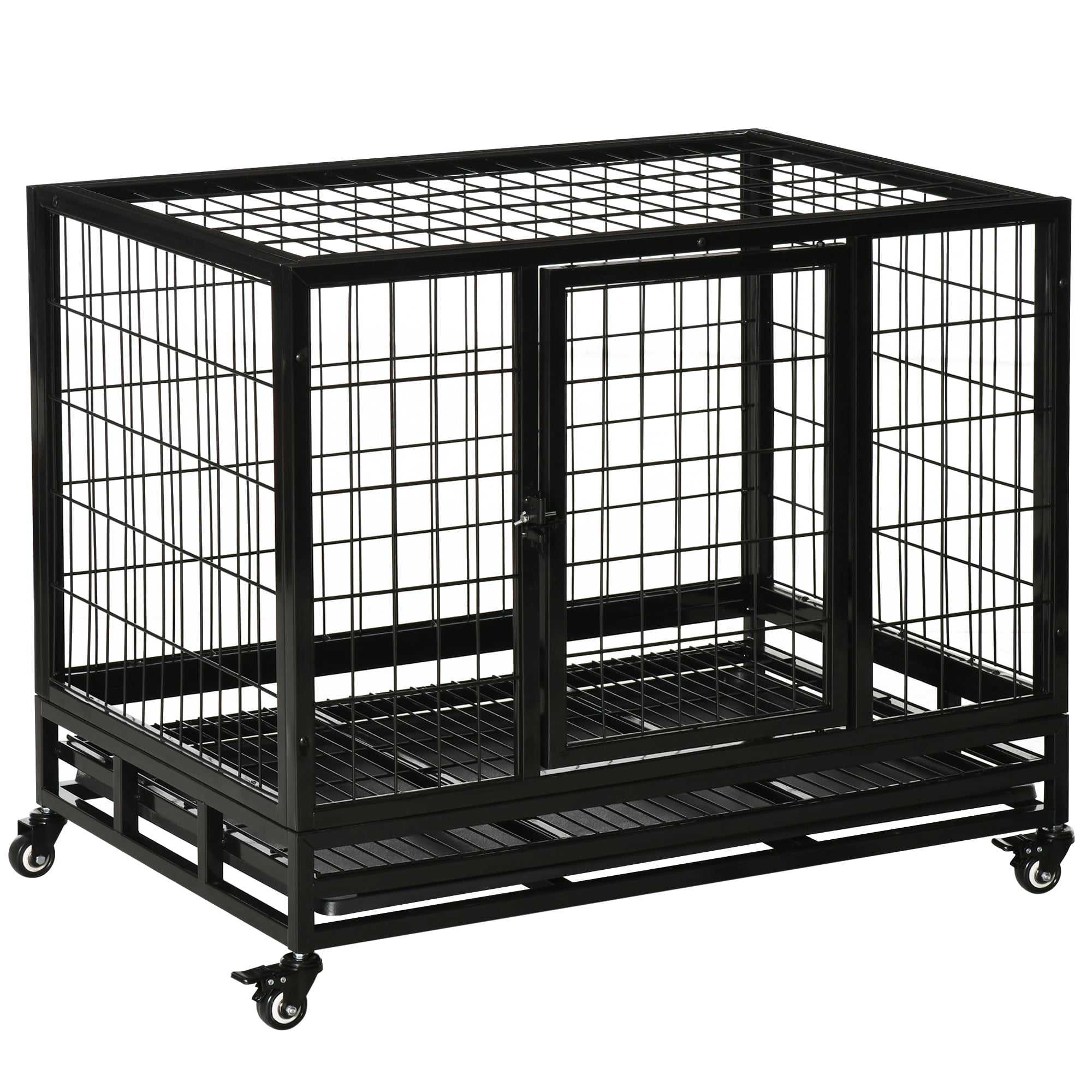 PawHut Heavy Duty Dog Crate Cage for Large Medium Dogs Lockable Wheels Tray